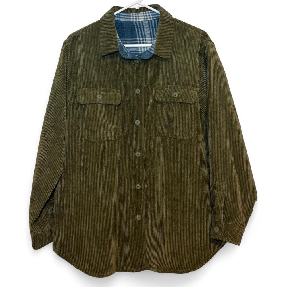 Love Tree olive green corduroy / blue & white fleece fully reversible shacket
